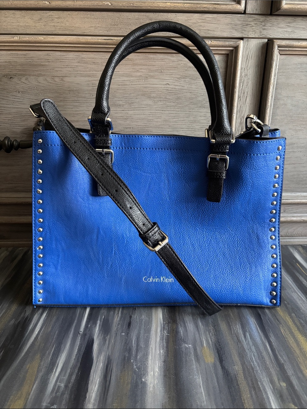 Calvin Klein Royal Blue Satchel with Black Handles and Strap